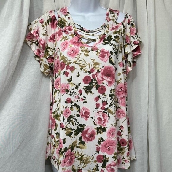 Discreet Floral‎ Print Multicolored Short Sleeve  Open Shoulder Size XL Top - Picture 7 of 16